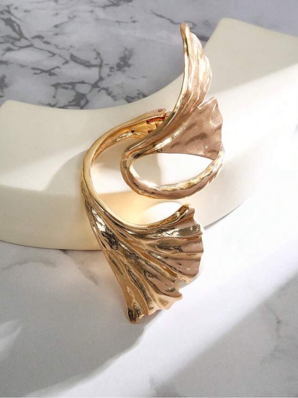 Zara Shiny Gold Sculptural Leaf Open Cuff Bracelet